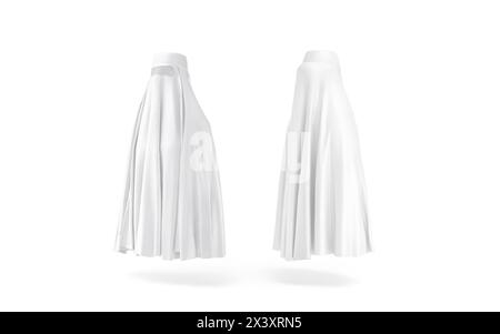 Mockup burqa bianco bianco bianco musulmano, vista posteriore laterale, rendering 3d. Copricapo per la privacy di adaya vuoto, isolato. Testa da donna in tessuto trasparente o seta- Foto Stock