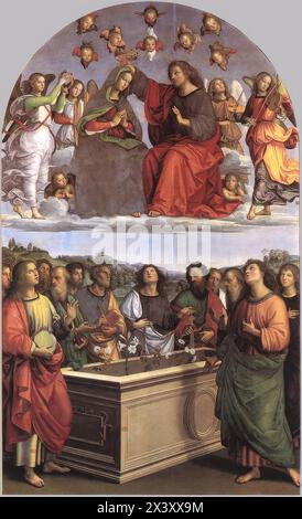 RAFFAELLO Sanzio (nato 1483, Urbino, d. 1520, Roma) l'Incoronazione della Vergine (altare Oddi) 1502-03 olio su tela, 267 x 163 cm Pinacoteca, Vaticano la commissione di questo dipinto, originariamente destinato alla Chiesa di San Francesco al Monte a Perugia, è stata assegnata per la prima volta al Perugino, che l'ha affidata al suo allievo. La pala d'altare combina due scene comuni nell'iconografia del Quattrocento: L'Incoronazione (che occupa la parte superiore del quadro) e la donazione della cintura a San Tommaso (nella parte inferiore), un episodio tradizionalmente associato all'assunzione. Le due scene rimangono separate Foto Stock