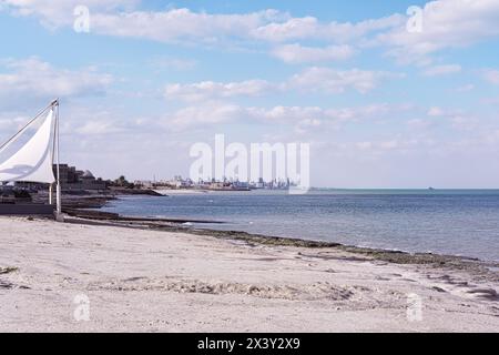 Palme, sabbia in una giornata di sole nella città del Kuwait. Edifici alti possono essere visti sullo sfondo Foto Stock