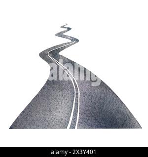 Strada asfaltata. Illustrazione ad acquerello disegnata a mano. La strada va in prospettiva. Isolare. Progettato per volantini, banner e cartoline. Per gli inviti Foto Stock