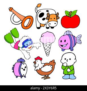 Set di personaggi dei cartoni animati su sfondo bianco, giocattoli, icona clipart, clipart, clip art Illustrazione Vettoriale