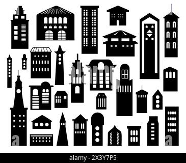 Scenografico insieme di edifici sagomati su sfondo bianco. Un profilo colorato di complessi bassi e alti e grattacieli. Costruzione strutturale Illustrazione Vettoriale