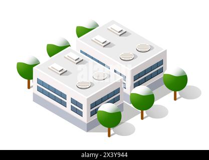 Isometrica, 3D cityscape vista della sommità della casa e alberi di strada Illustrazione Vettoriale
