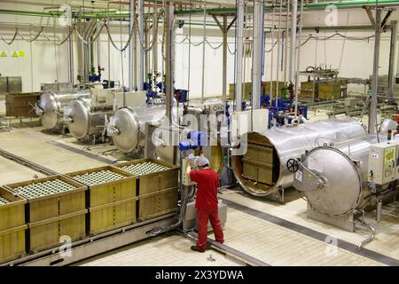 Sterilizzazione in autoclave in contenitori ermeticamente sigillati con il metodo Appert, Appertization, linea di produzione di verdure e fagioli in scatola, inscatolamento Foto Stock