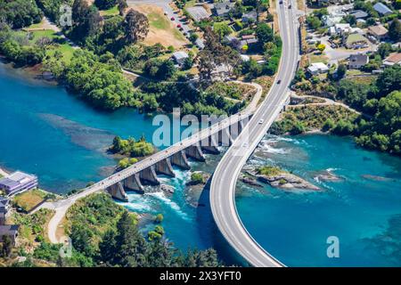 La vista di Queenstown, del Lago Wakatipu e della diga storica da Deer Park Heights Queenstown, nuova Zelanda. Foto Stock