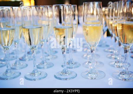 File di champagne pronte per un brindisi. Foto Stock