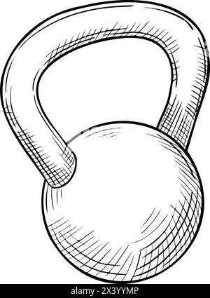 Illustrazione vettoriale di Kettlebell. Disegno del profilo del manubrio dipinto da inchiostri neri. Disegno di attrezzature fitness in stile lineare. Incisione del peso rotondo per l'allenamento fisico. Incisione per icona Illustrazione Vettoriale