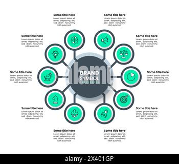 Modello infografico con icone e 10 opzioni o passaggi. Cerchio. Può essere utilizzato per il layout del flusso di lavoro, il diagramma, il banner, il webdesign. Illustrazione vettoriale Illustrazione Vettoriale