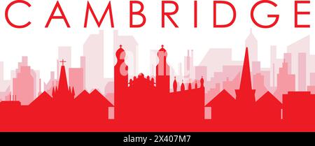 Poster rosso panoramico dello skyline della città di CAMBRIDGE, REGNO UNITO Illustrazione Vettoriale