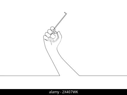 Un disegno su una sola linea di uomo che tiene il metro a nastro. Concetto di strumenti handyman. Illustrazione del design del vettore di disegno a linea continua Illustrazione Vettoriale
