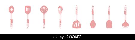 Set di icone degli utensili da cucina. Utensili per cucinare. Spatole eleganti, cucchiai, forchette per cucinare. Gli utensili per cucinare sono colorati con motivi. Illustrazione Vettoriale