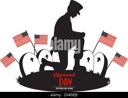 Biglietto per il Memorial Day. Cimitero dei veterani. Soldato militare su un ginocchio davanti alle tombe con bandiere americane. Disegno di silhouette vettoriale per la nazione di progettazione Illustrazione Vettoriale