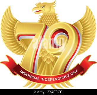 79° giorno d'oro dell'indipendenza dell'indonesia, Dirgahayu republik indonesia ke 79 con vettore garuda dorato Illustrazione Vettoriale