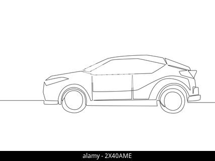 Disegno continuo di una piccola e semplice vettura berlina. Concetto di trasporto urbano su veicolo. Design con un unico disegno a linea continua Illustrazione Vettoriale