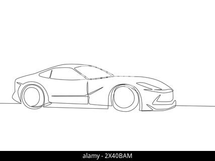 Disegno di una linea singola di una supercar da corsa e alla deriva di una berlina di lusso. Concetto di trasporto di auto sportive. Un design con disegno a linea continua Illustrazione Vettoriale