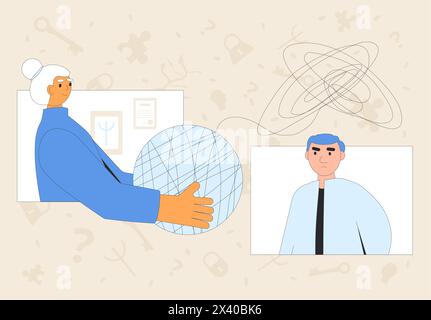 Concetto di consulenza psicologa online. Sessioni private di psicoterapia. Il terapista e il paziente parlano. Uomo che parla con uno psicoterapeuta. Outlin piatto vettoriale Illustrazione Vettoriale
