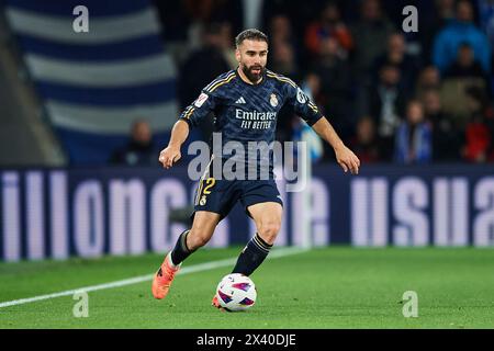 Daniel Carvajal del Real Madrid CF con il pallone durante la partita di LaLiga EA Sports tra il Real Sociedad e il Real madrid CF al reale Arena Stadium di A. Foto Stock