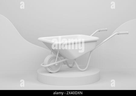 Carriola da giardino con attrezzi da giardino sul podio cilindrico con gradini su sfondo monocromatico. 3d rendering di attrezzature per giardinaggio espositore attrezzi per azienda agricola a. Foto Stock