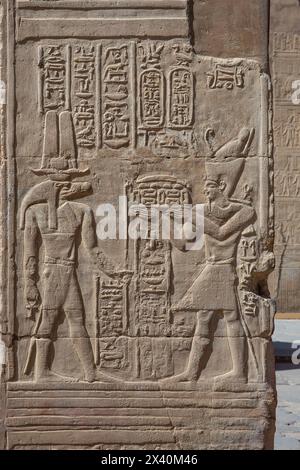 Sobek, il dio coccodrillo, che riceve un'offerta per un bassorilievo nel Tempio di Kom Ombo, in Egitto Foto Stock