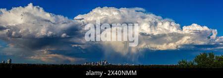 Panorama di grandi nuvole di tempesta sul paesaggio urbano con pioggia che scende con cielo blu e alberi in primo piano; Calgary, Alberta, Canada Foto Stock