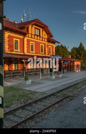 Vista dal treno veloce per Brno nella stazione a colori Kardasova Recice CZ 04 25 2024 Foto Stock