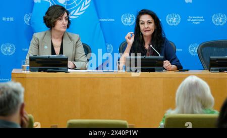 Reena Ghelani, Coordinatrice della risposta El Niño/la Niña, Comitato permanente interagenzia (IASC); e Beth Bechdol, Vice Direttore generale dell'Organizzazione per l'alimentazione e l'agricoltura (FAO), informano i giornalisti sull'impatto umanitario di El Niño presso la sede delle Nazioni Unite il 29 aprile 2024 a New York. I rappresentanti dell'organizzazione hanno delineato una crisi a cascata nel Sud Sudan e nella regione, in quanto gli effetti imminenti di El Ninio avranno un impatto sulle colture già colpite dalla siccità, con conseguenti tasse elevate nella maggior parte del Sud Africa. (Foto di John Lamparski/Sipa USA) Foto Stock