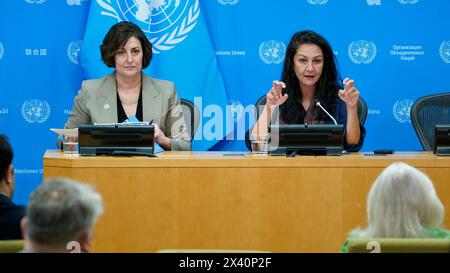 Reena Ghelani, Coordinatrice della risposta El Niño/la Niña, Comitato permanente interagenzia (IASC); e Beth Bechdol, Vice Direttore generale dell'Organizzazione per l'alimentazione e l'agricoltura (FAO), informano i giornalisti sull'impatto umanitario di El Niño presso la sede delle Nazioni Unite il 29 aprile 2024 a New York. I rappresentanti dell'organizzazione hanno delineato una crisi a cascata nel Sud Sudan e nella regione, in quanto gli effetti imminenti di El Ninio avranno un impatto sulle colture già colpite dalla siccità, con conseguenti tasse elevate nella maggior parte del Sud Africa. (Foto di John Lamparski/Sipa USA) Foto Stock