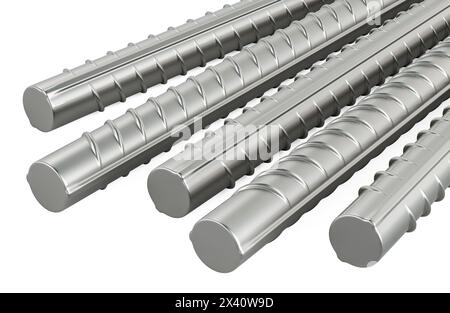 Barre di armatura da costruzione, pila. Rendering 3D isolato su sfondo bianco Foto Stock