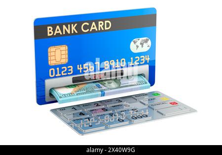 Carta di credito come bancomat con dollari. Prelievo di banconote in dollari, rendering 3D isolato su sfondo bianco Foto Stock