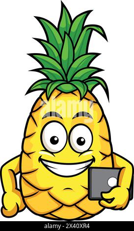 Personaggio ananas che tiene in mano la clip art di un cartone animato vettoriale del tablet Illustrazione Vettoriale