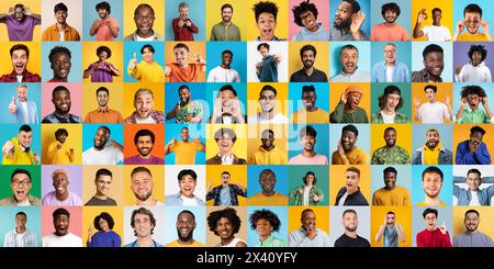 Collage di diversi uomini felici volti su sfondo colorato Foto Stock