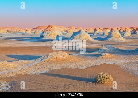 Sabbia e formazioni calcaree bianche al tramonto in un mare di sabbia, con ombre alla luce della sera, area protetta del deserto bianco; Egitto Foto Stock