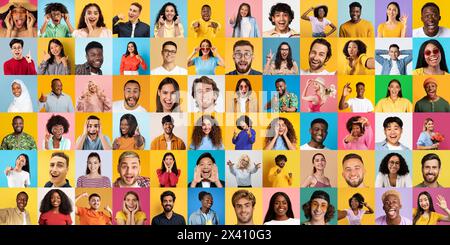 Colorata collezione di ritratti di persone sorridenti su sfondo colorato Foto Stock