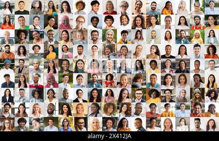 Una varietà di ritratti di persone diverse e collage creativi Foto Stock