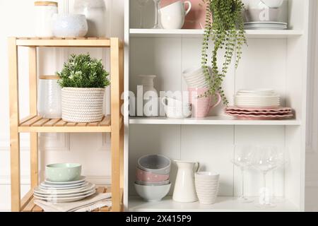 Diverse stoviglie e piante da casa pulite sugli scaffali degli armadi interni Foto Stock