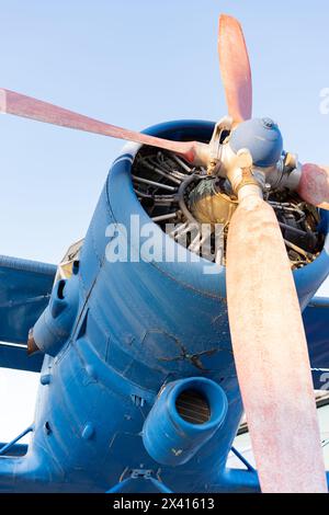 Aereo con elica su un bellissimo sfondo luminoso del cielo. Motore di un vecchio aereo. Foto Stock