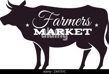 Emblema del macellaio. Mercato agricolo. Logotipo negozio di carne, silhouette nera mucca con scritta. Logo Fresh Products di alta qualità. Timbro e distintivo vintage Illustrazione Vettoriale