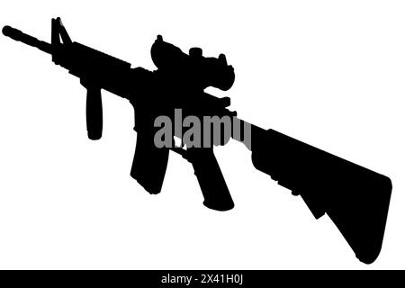 M4 Carbine con vista ottica e silhouette nera in primo piano Foto Stock