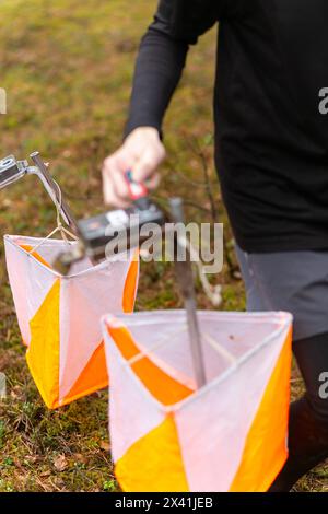 Un ragazzo che pugni al punto di controllo dell'orientamento da vicino. Ragazzo nella foresta che controlla un punto di controllo. Messa a fuoco selettiva Foto Stock