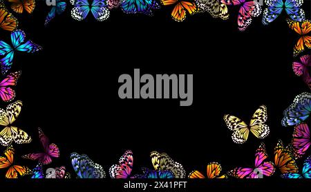 inquadra con farfalle su sfondo nero. disegno a mano. Non ai, illustrazione vettoriale Illustrazione Vettoriale