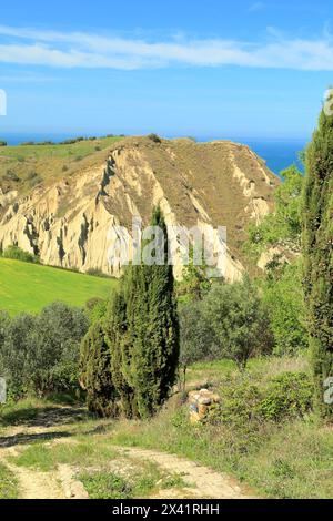 Badlands 'Calanchi delle Pullette', vicino a Montepagano, Roseto degli Abruzzi, Abruzzo, Italia Foto Stock