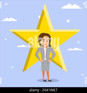 Premio dipendente White Female Character Star, concetto di successo o leadership, dipendente del mese, dipendente valutato Illustrazione Vettoriale