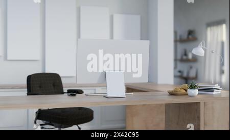 Immagine retrovisiva di una scrivania per computer in un moderno ufficio domestico o in un ufficio privato. concetto di luogo di lavoro. rendering 3d, illustrazione 3d. Foto Stock