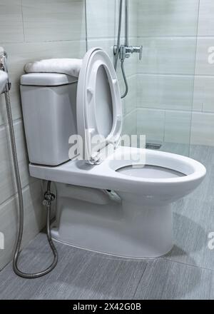 Ciotola del WC all'interno del bagno moderno. Ciotola del WC in ceramica bianca. La ciotola del water si trova vicino al box doccia e si trova in un bagno interno moderno. Nessuno, concentrazione selettiva Foto Stock