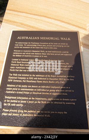 L'Australia's Memorial Walk al North Head Sanctuary Manly, Sydney, NSW, onora coloro che hanno servito e sostenuto la difesa dell'Australia, targa Foto Stock