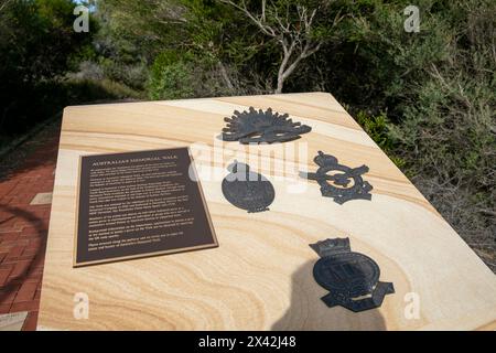L'Australia's Memorial Walk al North Head Sanctuary Manly, Sydney, NSW, onora coloro che hanno servito e sostenuto la difesa dell'Australia, targa Foto Stock