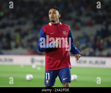 Sabadell, Barcellona, Spagna. 29 aprile 2024. Barcellona Spagna 29.04.2024 Raphinha (FC Barcelona) guarda durante la Liga EA Sports tra FC Barcelona e Valencia CF all'Estadi Olimpic Lluis Companys il 29 aprile 2024 a Barcellona. (Credit Image: © Xavi Urgeles/ZUMA Press Wire) SOLO PER USO EDITORIALE! Non per USO commerciale! Crediti: ZUMA Press, Inc./Alamy Live News Foto Stock