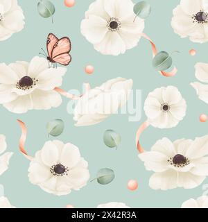 Motivo senza cuciture con anemoni di acquerello bianco, foglie di eucalipto, nastri di raso e strass. tessuti, web design, materiali di stampa di benvenuto Foto Stock