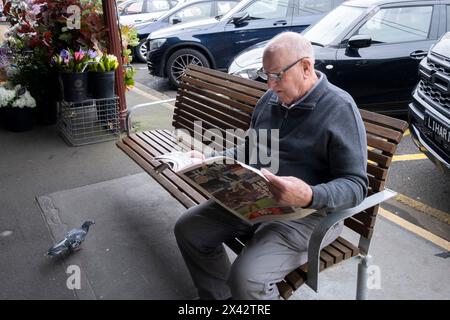 Un uomo anziano che legge un giornale viene studiato da un piccione mentre aspetta al South Melbourne Market. South Melbourne, Victoria, Australia. Foto Stock