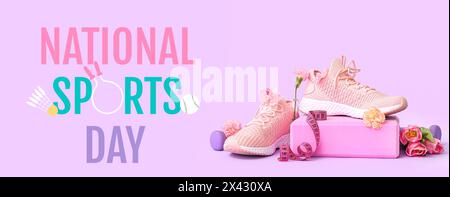 Banner per la giornata Nazionale dello Sport con attrezzature e fiori diversi Foto Stock